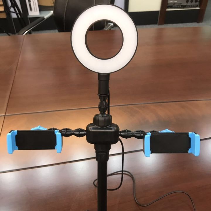 Bộ Khung micro livestream cao cấp để bàn có đèn, kẹp 2 điện thoại