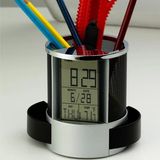 Khay đựng bút có đo nhiệt độ phòng, đồng hồ, lịch kỹ thuật số, để bàn đa chức năng - hộp tròn