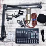 Bộ livestream mic AQ220 Sound card H9 có autu-tune chân kẹp micro thu âm đầy đủ