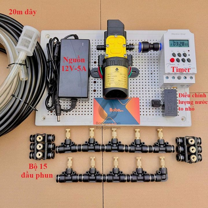 Hệ thống bộ phun sương tự động 15 béc bơm OM1521 + timer hẹn giờ