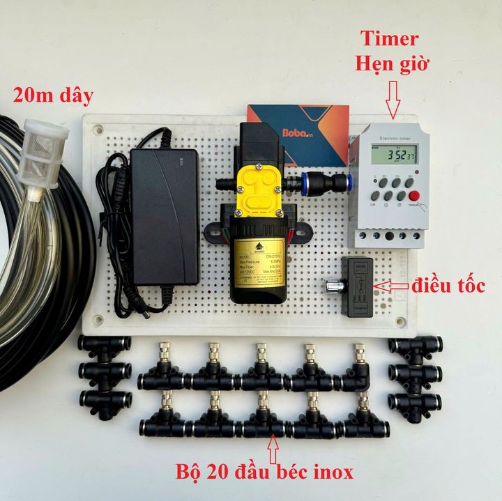 Hệ thống bộ phun sương tự động 20 béc bơm OM1521 + timer hẹn giờ