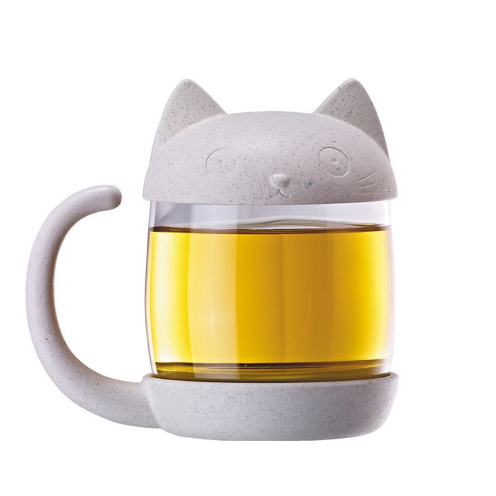 Ly thủy tinh pha trà có nắp hình mèo