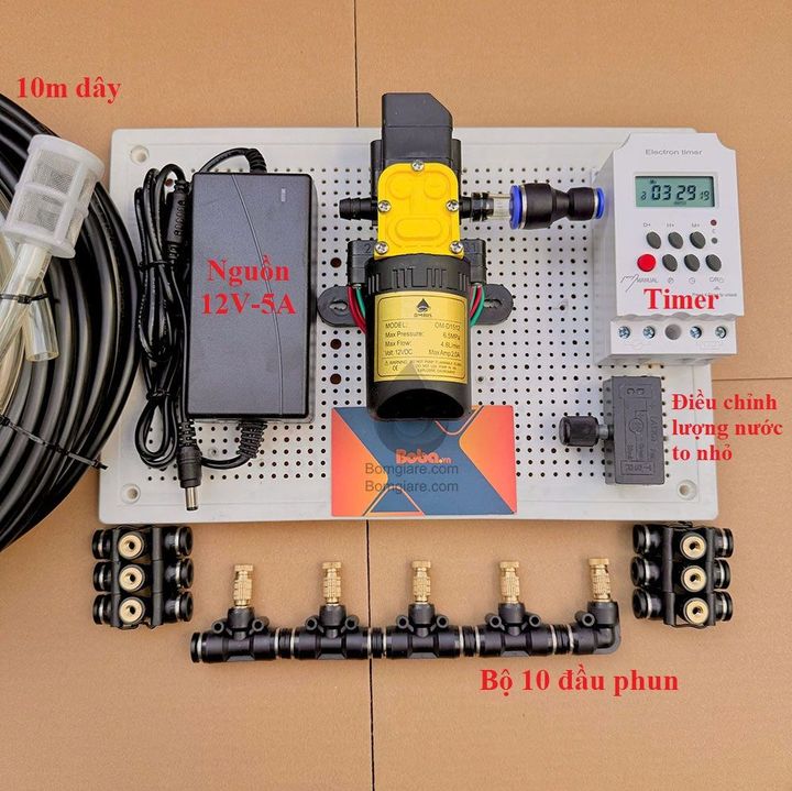 Hệ thống bộ phun sương tự động 10 béc bơm OM1521 + timer hẹn giờ