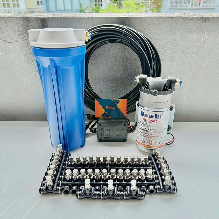 Bộ phun sương 15 đầu phun - Bơm Hawin HP 2500 lọc rác 20M dây