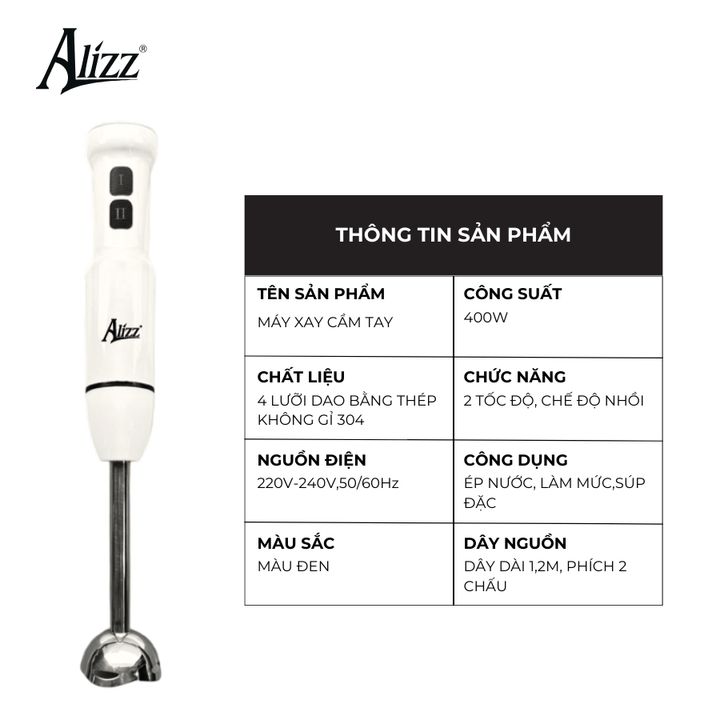 Máy Xay Sinh Tố Xay Thịt Cầm Tay Thân Trắng Nút Bấm Đen ALIZZ AL-9002