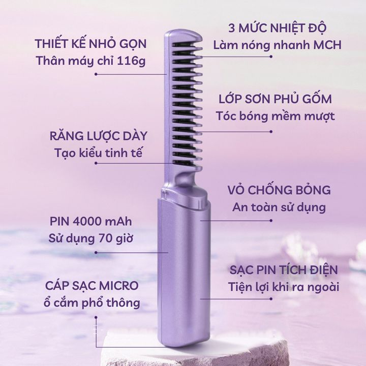 Lược Điện Chải Thẳng Tóc Mini Không Dây Đa Năng