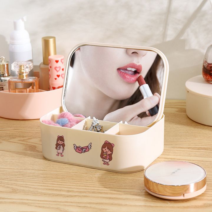 Hộp đựng vật dụng kèm gương kèm gương makeup, trang điểm để bàn dễ thương, xinh xắn