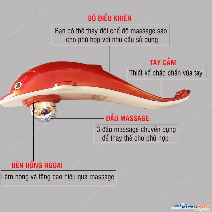 Máy massage trị liệu hồng ngoại cá heo cầm tay size lớn kèm 3 đầu massage Dolphin