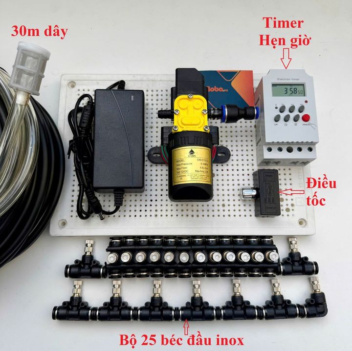 Hệ thống bộ phun sương tự động 25 béc bơm OM1521 + timer hẹn giờ