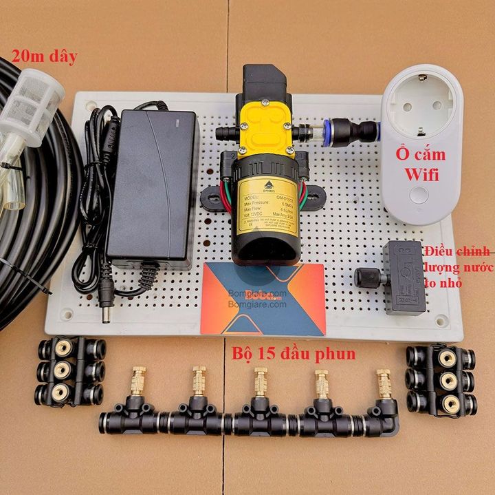 Hệ thống bộ phun sương tự động điều kiển từ xa bằng wifi 15 béc bơm OM1521 +ổ wifi