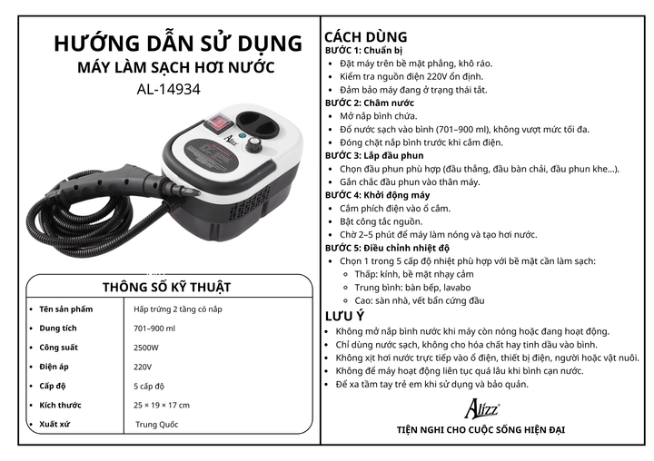 Máy Làm Sạch Hơi Nước Alizz Công Suất 2500W