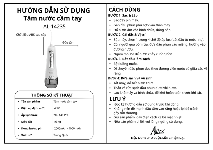 Tăm nước cầm tay 4 chế độ ALIZZ AL-14235