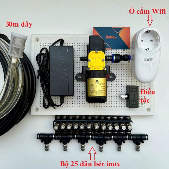 Hệ thống bộ phun sương tự động điều khiển từ xa 25 béc bơm OM1521 + ổ wifi