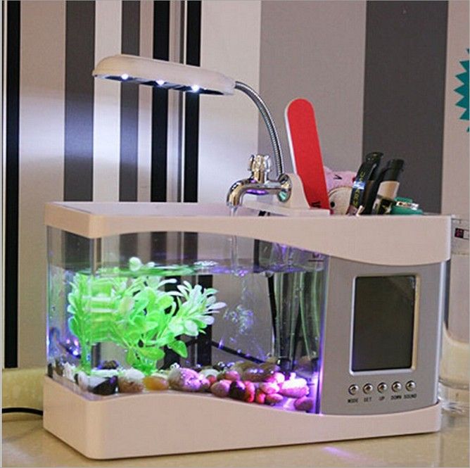 Bể cá mini tích hợp đèn led, đồng hồ, lọc nước, hộp đựng bút