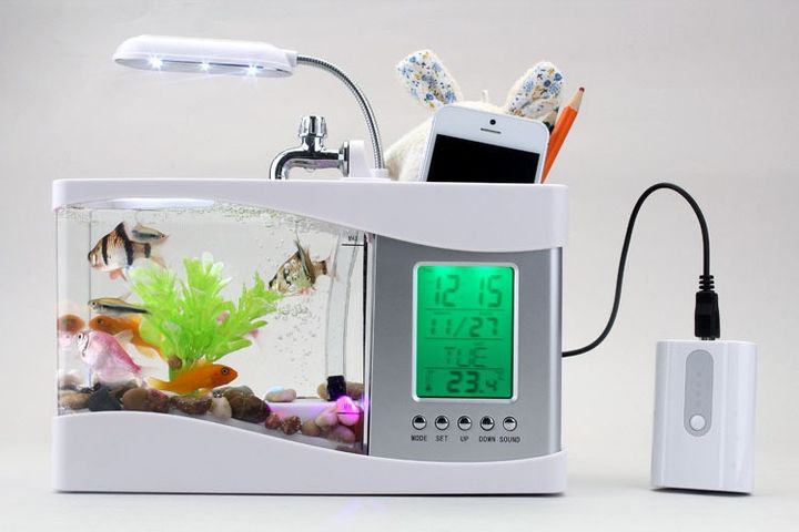 Bể cá mini tích hợp đèn led, đồng hồ, lọc nước, hộp đựng bút