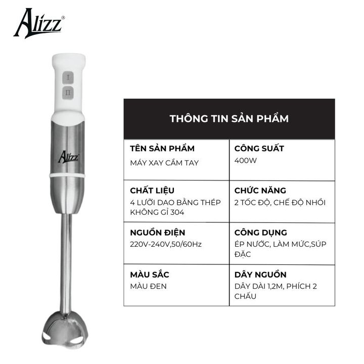 Máy Xay Sinh Tố Xay Thịt Cầm Tay Thân Trắng Nút Bấm Inox ALIZZ AL-9003